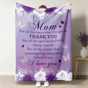 Purple Rose Print Butterfly Mom Love Letter Flannel Throw Blanket, 1-Count Breathable Soft All-Seasons Blanket, 50"x60" Multi-Size Option, Indoor/Outdoor Use for Home Travel, Mother's Day or Birthday Gift,summervibes