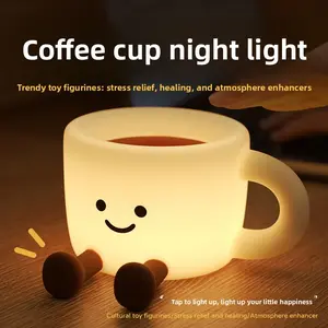 Coffee Cup Tap Lamp Figurine for Desk – Soft Glow Night Light with Touch Control, Cute Barista Decor Statue for Bedside or Shelf, Gift for Coffee Lovers, Cozy Modern Aesthetic Dorm Decor / Room Aesthetic / Graduation Gift