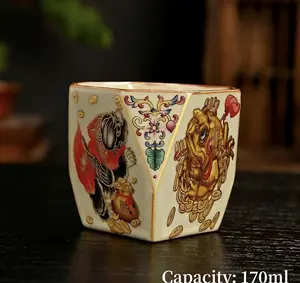 A102. Chinese-Style Ruyao Ceramic Tea Cup, Octagonal Shape, Enameled Glaze, Personal Tasting Cup