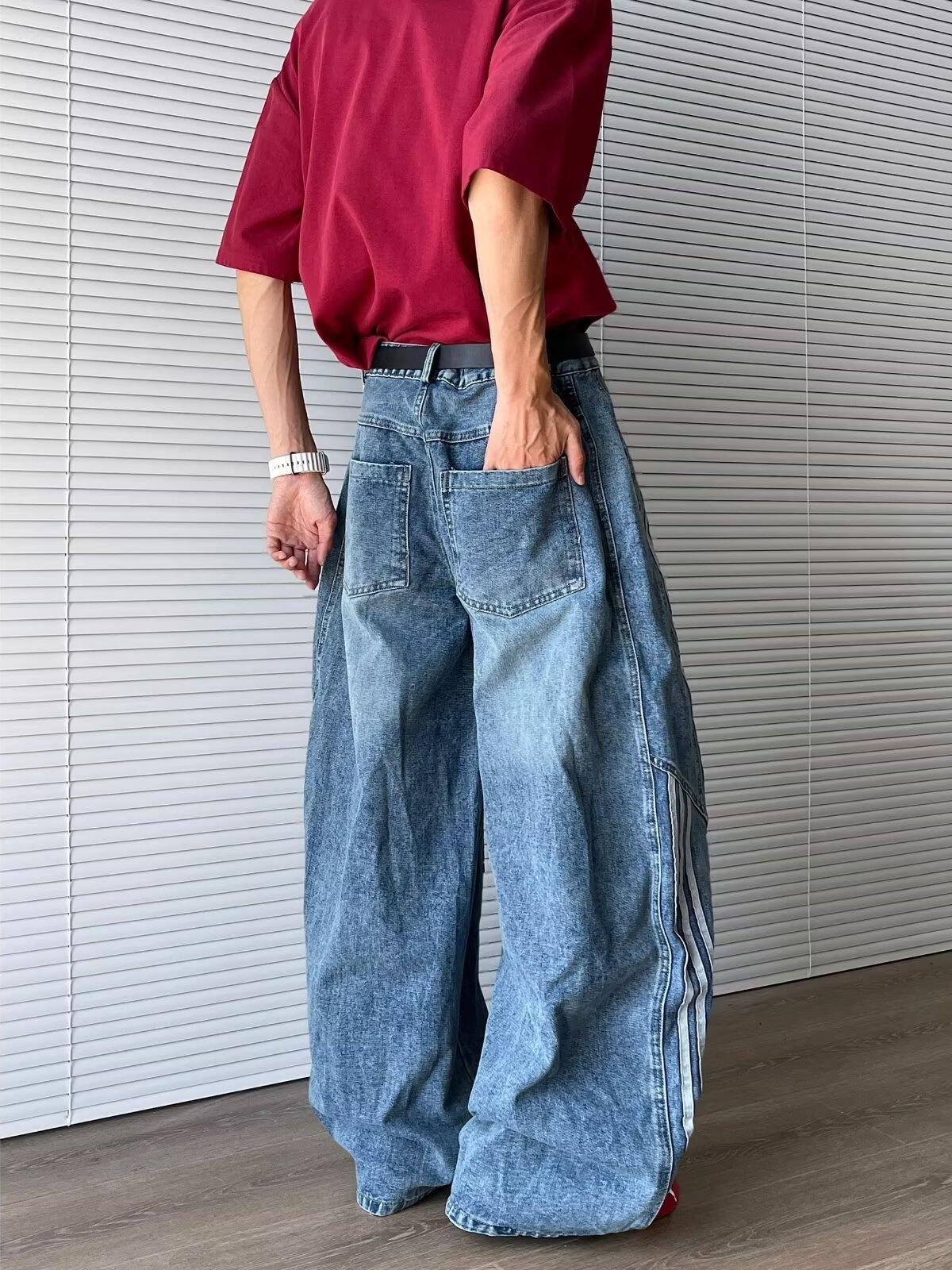 Men'S Side Stripe Curved Scimitar Jeans, Summer American Retro Loose Casual Washed Deconstructed Distressed Wide Leg Pants