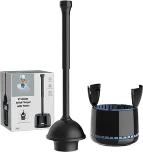 Toilet Plunger with Holder, Heavy Duty Toilet Plunger and Holder Combo for Bathroom Cleaning, Black