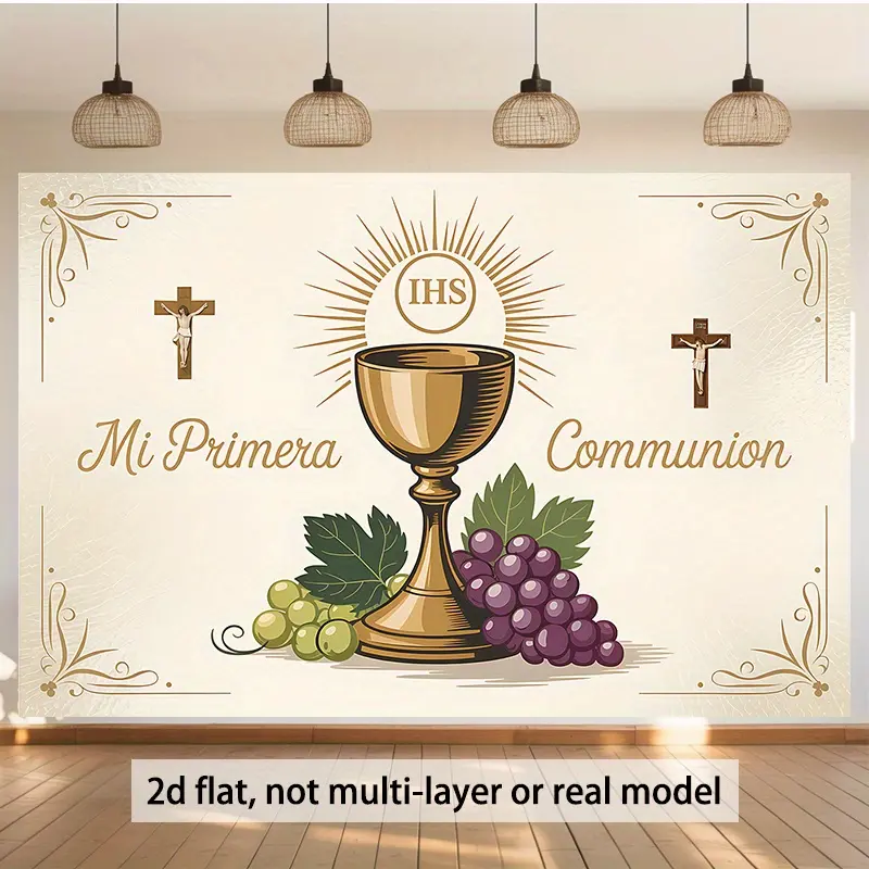 2D Polyester Flat Banner 1pc, Pattern, Decorative Banner, Includes horizontal banner and 1st Communion invitation card, multi-functional for family gatherings, weddings Photo Studio Props, Party Decorations, Home Party Decorations
