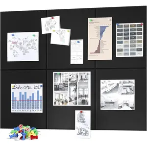 Large Cork Board for Wall, Black Felt Bulletin Board with Pushpins, 36" x 24" 6 Panels Wall Tiles, Tack Push Pin Boards for Office