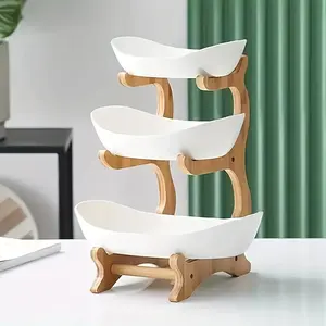 Three-Tier Wooden Fruit Basket with Wood Frame, Kitchen Vegetable Durable Storage Rack, Refrigerator Ice Tray Replacement, Modern Elegant Design, Display Riser, Display Container, Arch Shaped Racks