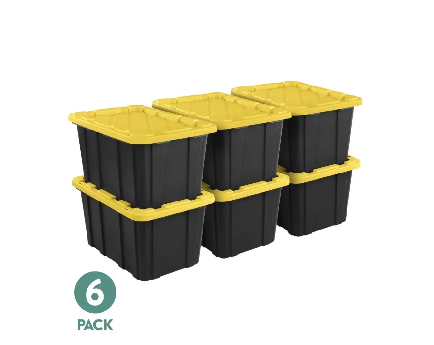 Sterilite Large Storage Bin, 27 Gallon Durable Plastic Storage Tote with Snap-On Lid, Black and Yellow, 6 Pack
