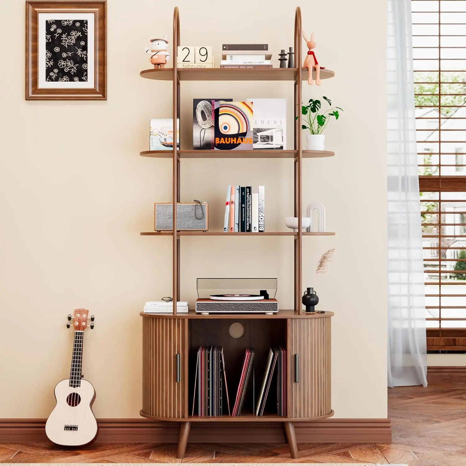 Contemporary Mid-Century Tall Walnut Wood Vinyl Record Player Stand - 4-Tier Arched Shelf with Sliding Doors, Stable Fluted Media Cabinet, Integrated Pulls, Assembly Required, Large-Walnut, Over 25kg, for Living Room, Books Storage Solution