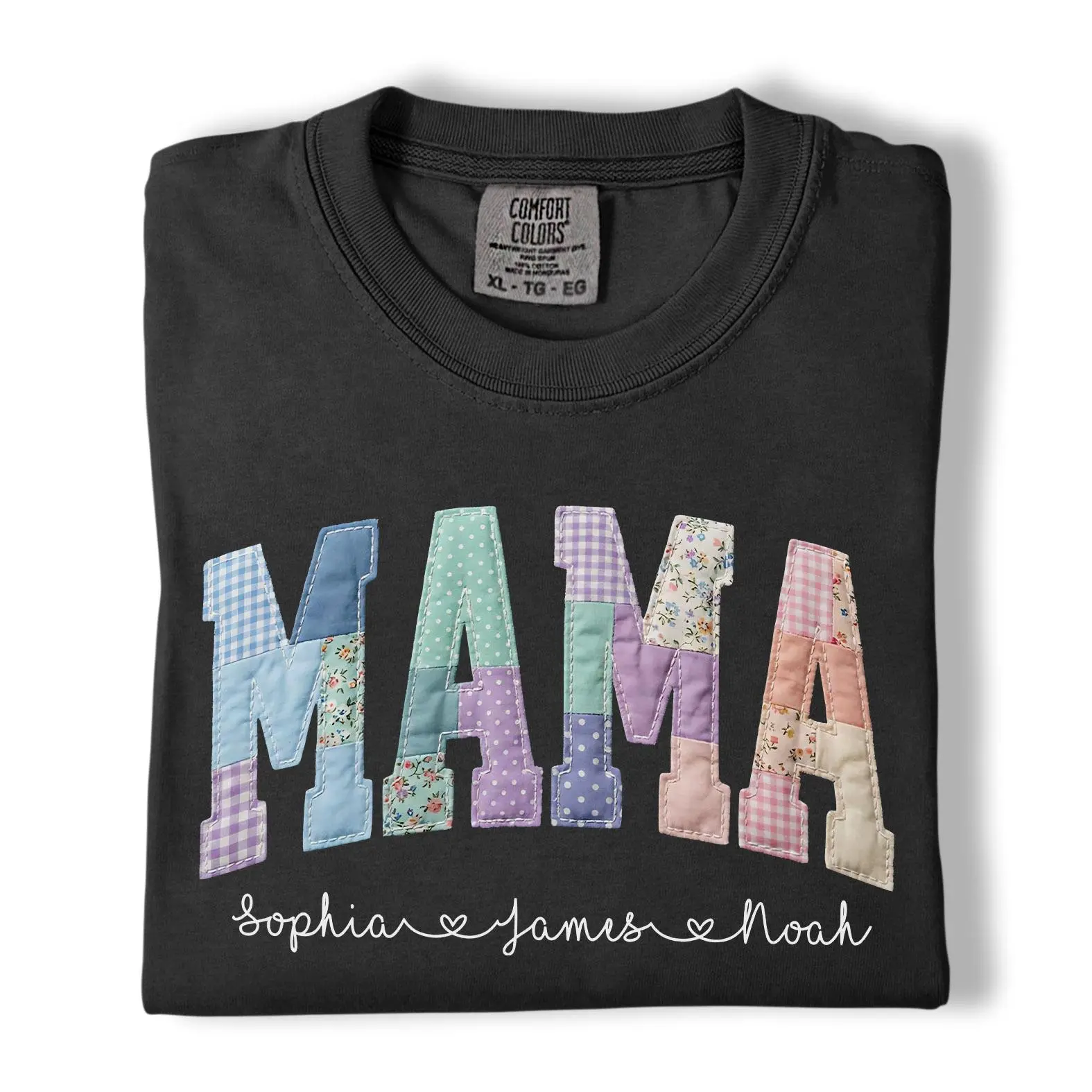 Comfort Colors Personalized Mama Shirt with Kids Names, Patchwork MAMA Graphic Tee, Mother’s Day T-Shirt, Custom Gift for Moms