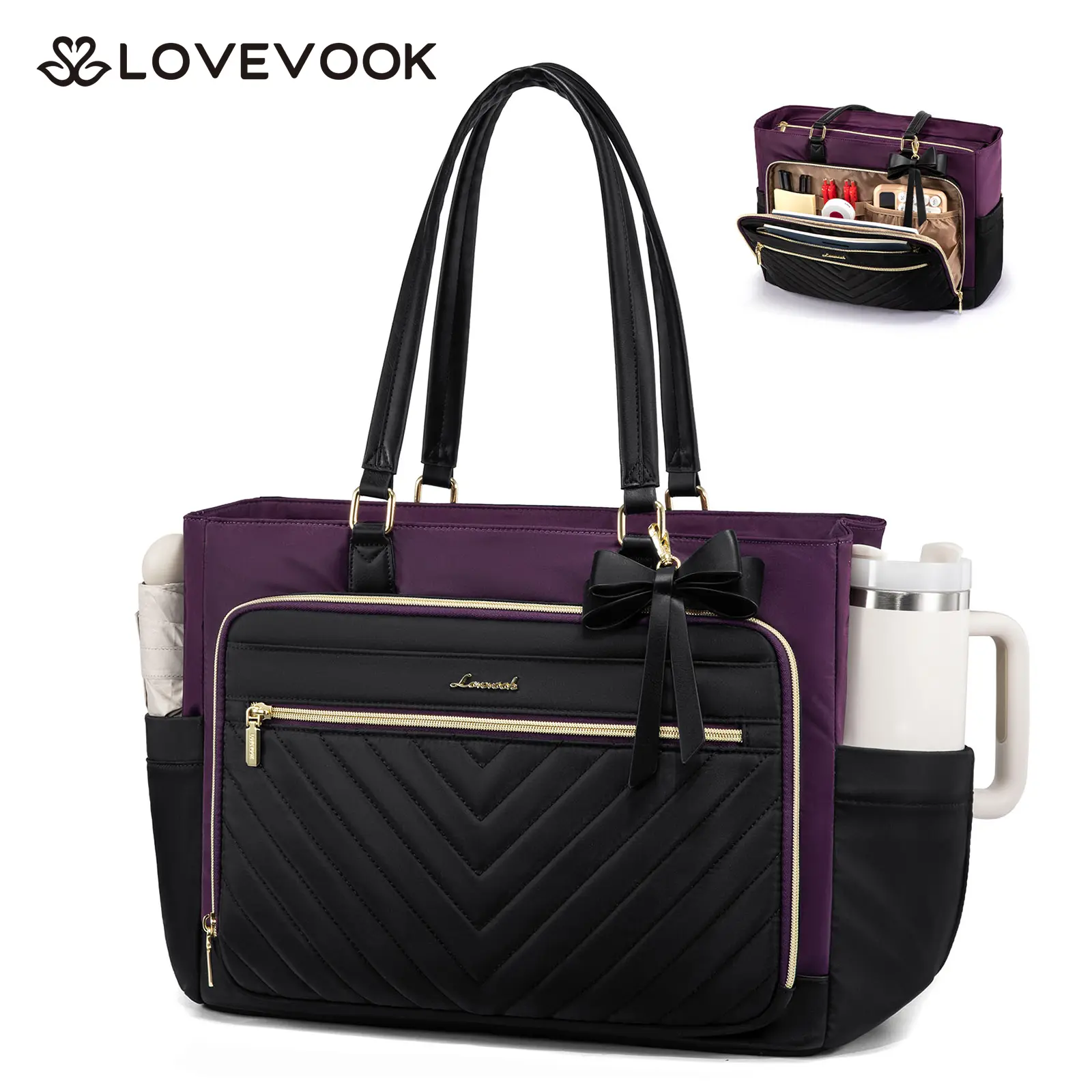 LOVEVOOK Laptop Tote Bag for Women, Work Bag Teacher Tote with Large Cup Holder, Quilted Nurse Diaper Bag for Travel, Computer Women's handbags for Teacher gift,TikTokShopBackToSchool