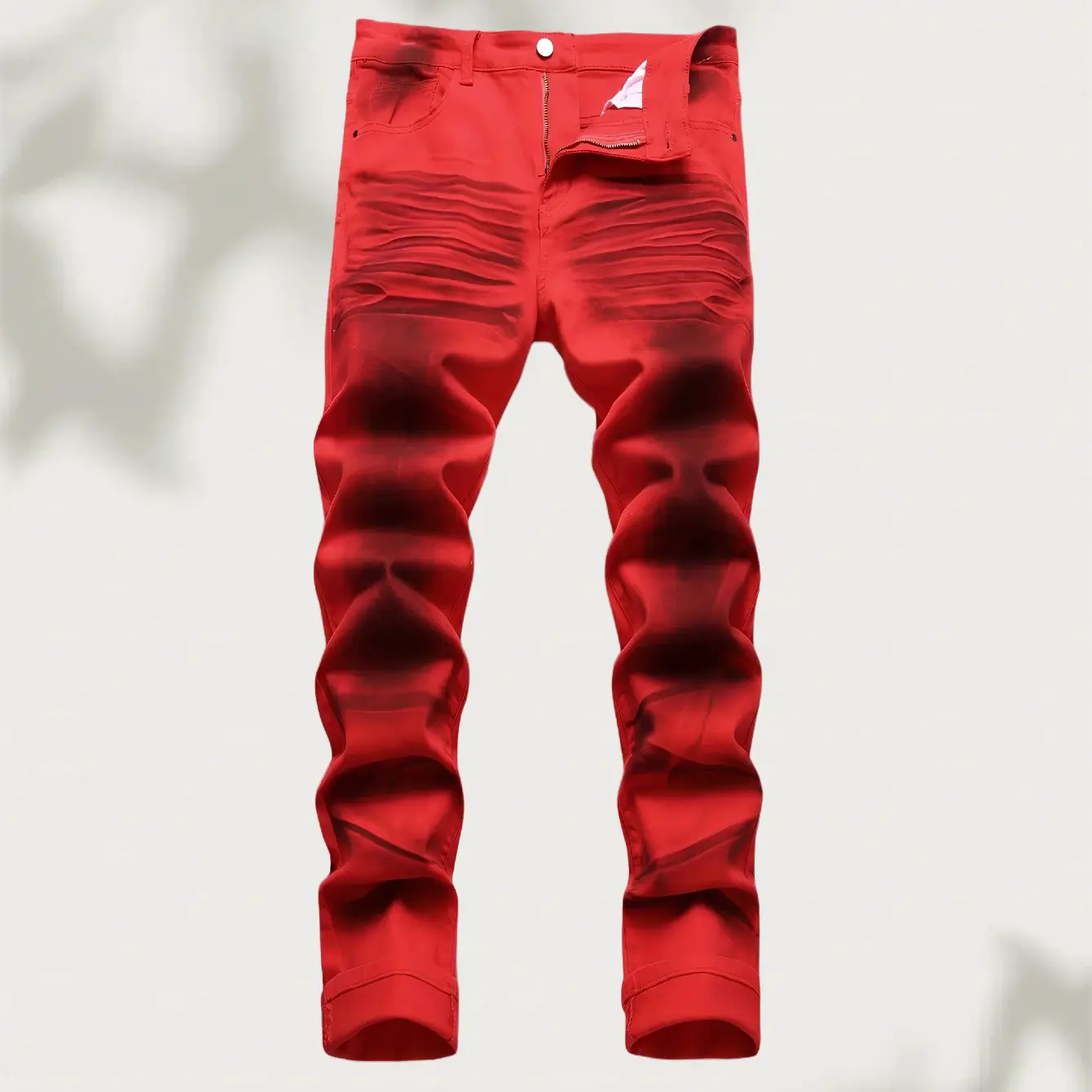 Men's Red Skinny Pants, Printed Stretch Denim Motocross Streetwear, Cute Casual Bottoms for Halloween & Christmas, Plain, Elegant, Chic, Preppy, Buttons, Thanksgiving, Sweet, Easter, Valentines Day, Holiday