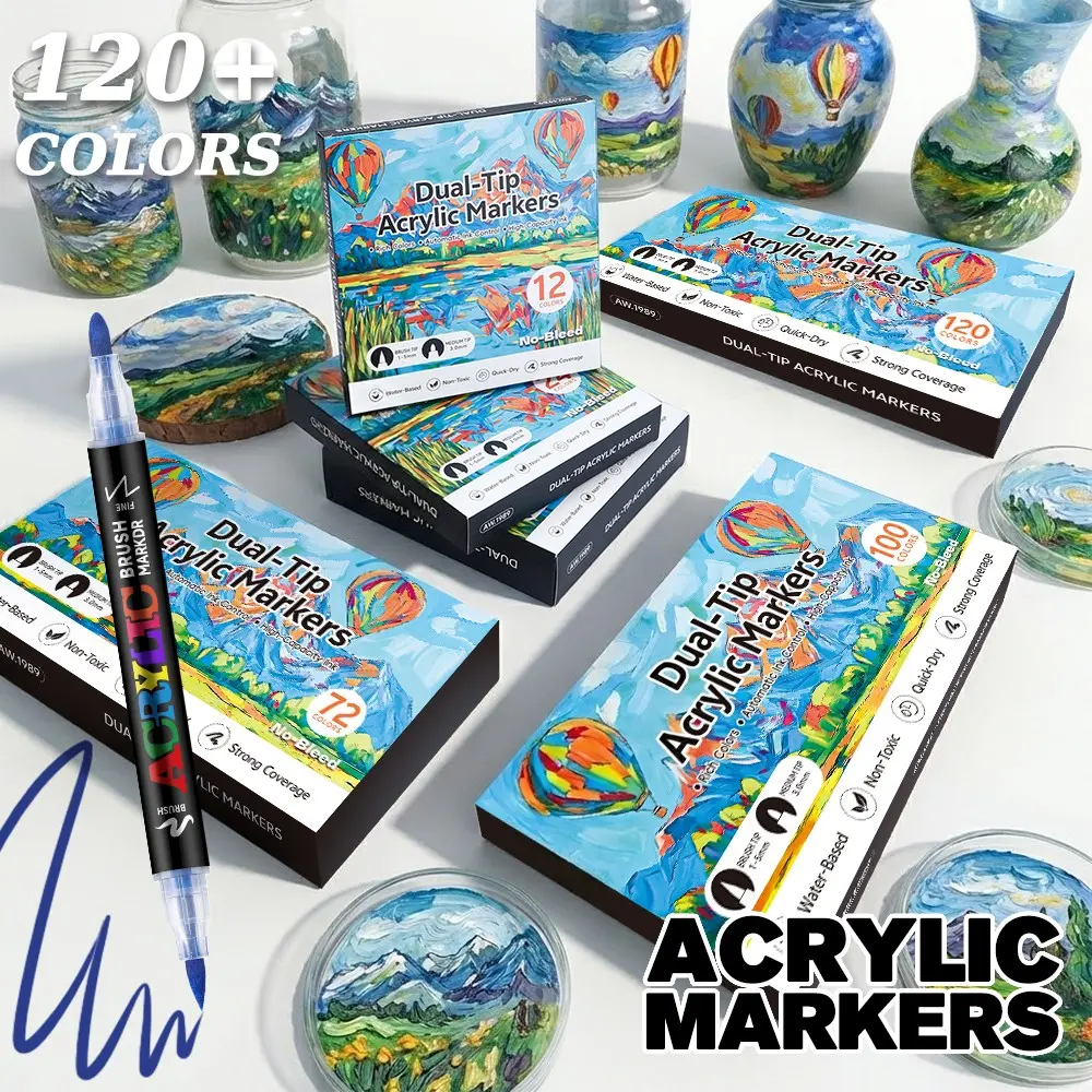 Acrylic Marker Pens Dual-Head Design, Durable Fade-Resistant, Ideal for Art, DIY Projects, Paper, Fabric, Wood, Plastic, Glass, Ceramic