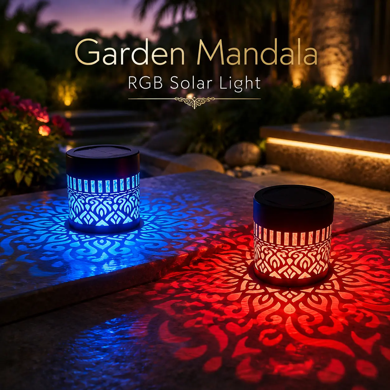 2 Pack Solar Mandala Projector Lights RGB Color Changing Waterproof Metal Outdoor Decorative Shadow Lights