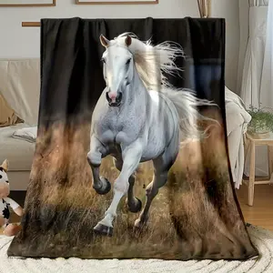 1Pc Galloping Horse Printed Outdoor Blanket - 3D Digital Printed Soft Warm Flannel Fabric, Lightweight All-Season Throw For Sofa, Travel, Camping, Office - Machine Washable Gift For Family & Friends, Horse Blanket