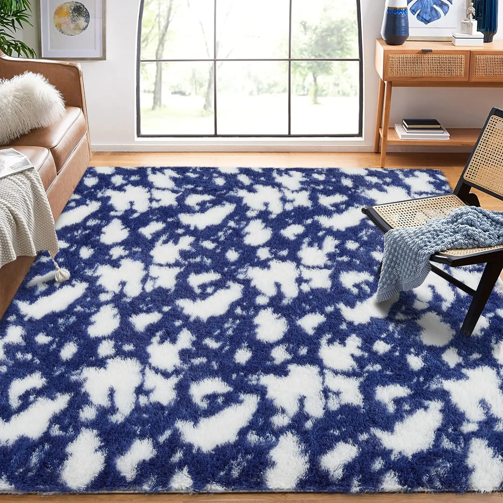 GARVEE 6x9 Fluffy Shag Area Rug, Ultra-Soft Thick Plush Indoor Floor Carpet with Cow Print, Perfect for Bedroom, Living Room, Nursery, Playroom, Teens, Dorm, Blue