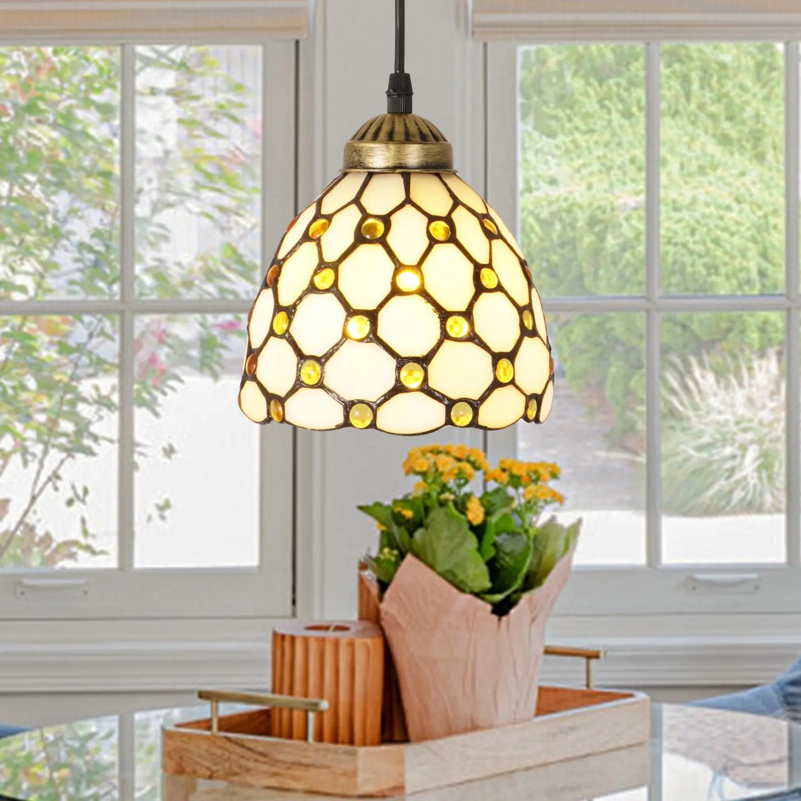 6.1" Tiffany Style Stained Glass Pendant Light, Adjustable Honeycomb Pattern Hanging Lamp for Kitchen & Dining Room