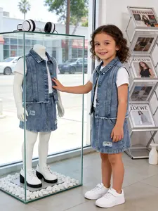 Girls' T-Shirt + Denim Vest + Distressed Jean Skirt Set (3pcs), Casual Daily Wear, Fashionable Comfort Design, Perfect Gift