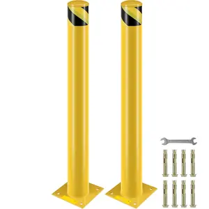 Yellow 42-Inch Tall Steel Bollard Post, 4.5-Inch Outer Diameter Heavy-Duty Steel Pipe Barrier With 8 Anchor Bolts, Outdoor Parking Lot And Roadway Safety Bollard For Traffic Control, Weather-Resistant Durable For Industrial Use