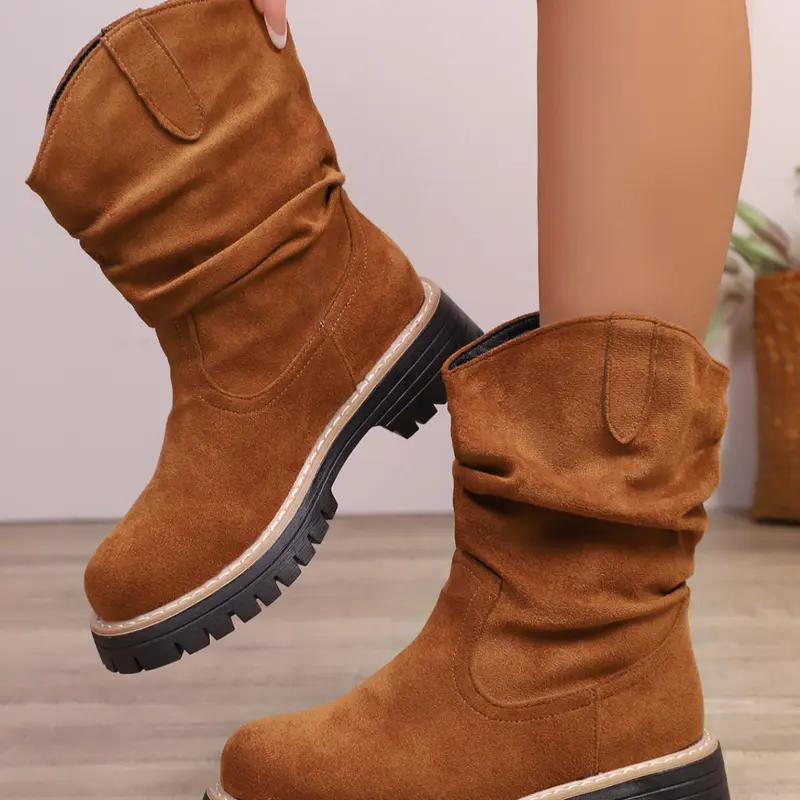 Women's pleated design warm outdoor solid color stretch velvet long boots, mid-calf vintage denim boots, Ruched Boot, suitable for comfortable all-day leisure wear, a must-have for gift