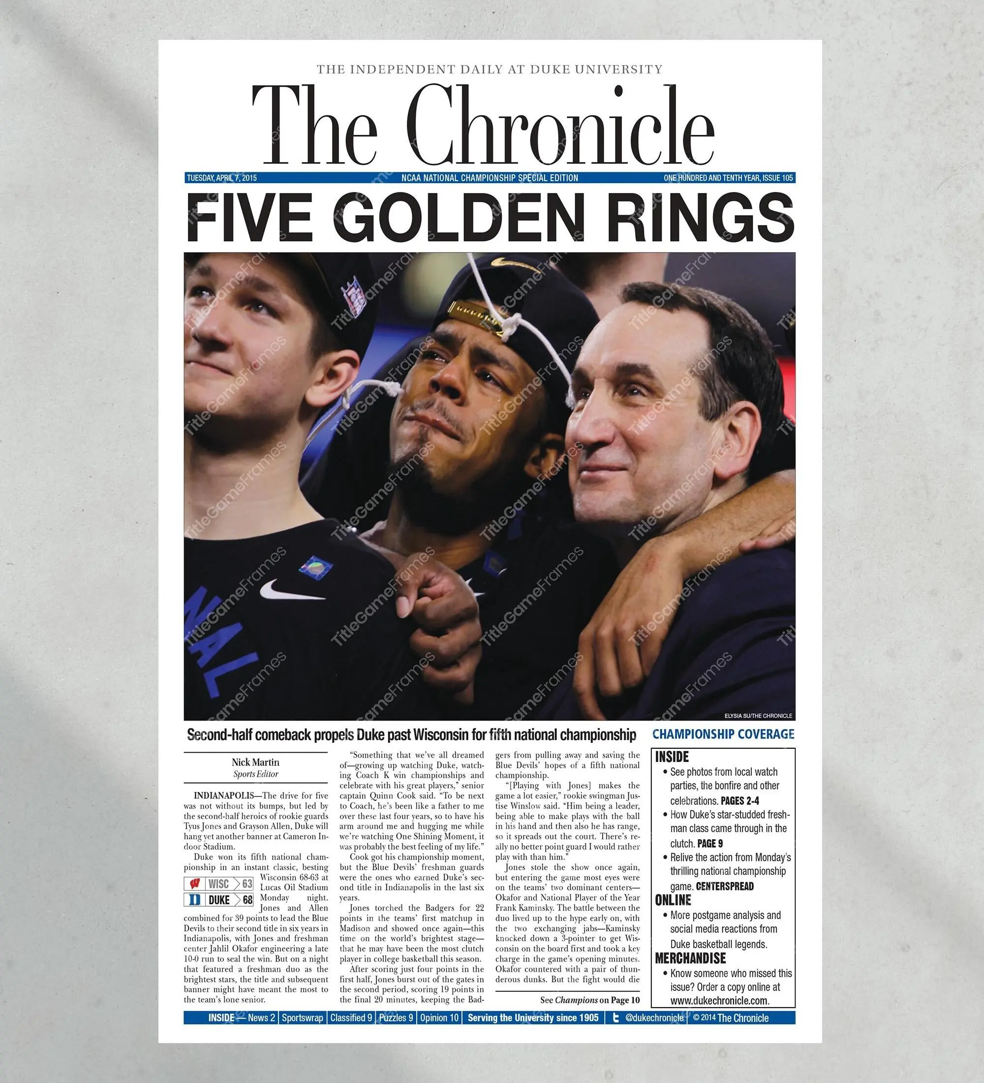 2015 Duke Blue Devils NCAA Basketball Champions Unframed Poster - 'Five Golden Rings'