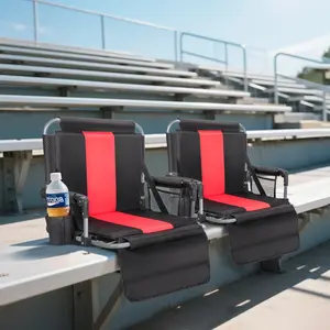 PHI VILLA Folding Stadium Seat Bleacher Chair with Cup Holder, Mesh Bag and Hide Hooks, Portable Stadium Chair with Back and Cushion Red