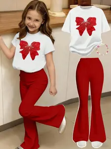 Girls' Cute Bowknot Decor Short Sleeve T-Shirt & Bell Bottom Pants Set, Casual Fitted for All Seasons, Clothing Sets