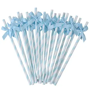 20pcs Bow Paper Straws, 19cm/7.7inch Cute Classic Wedding Party Supplies, Birthday Picnic Juice Coffee Tea Cocktail Milkshake Utensils, Home Bar Accessories