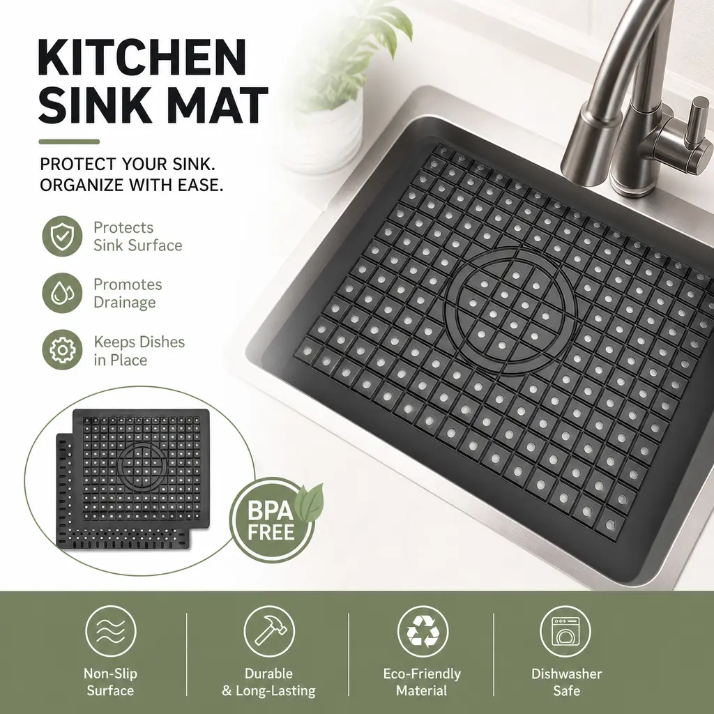 Kitchen Sink Mat, 12" x 10" Dish Drying Mat, Rectangular Sink Protector Mats for Bottom of Kitchen Sink, Fast Draining Sink Mats Grid, 2 Pack Black