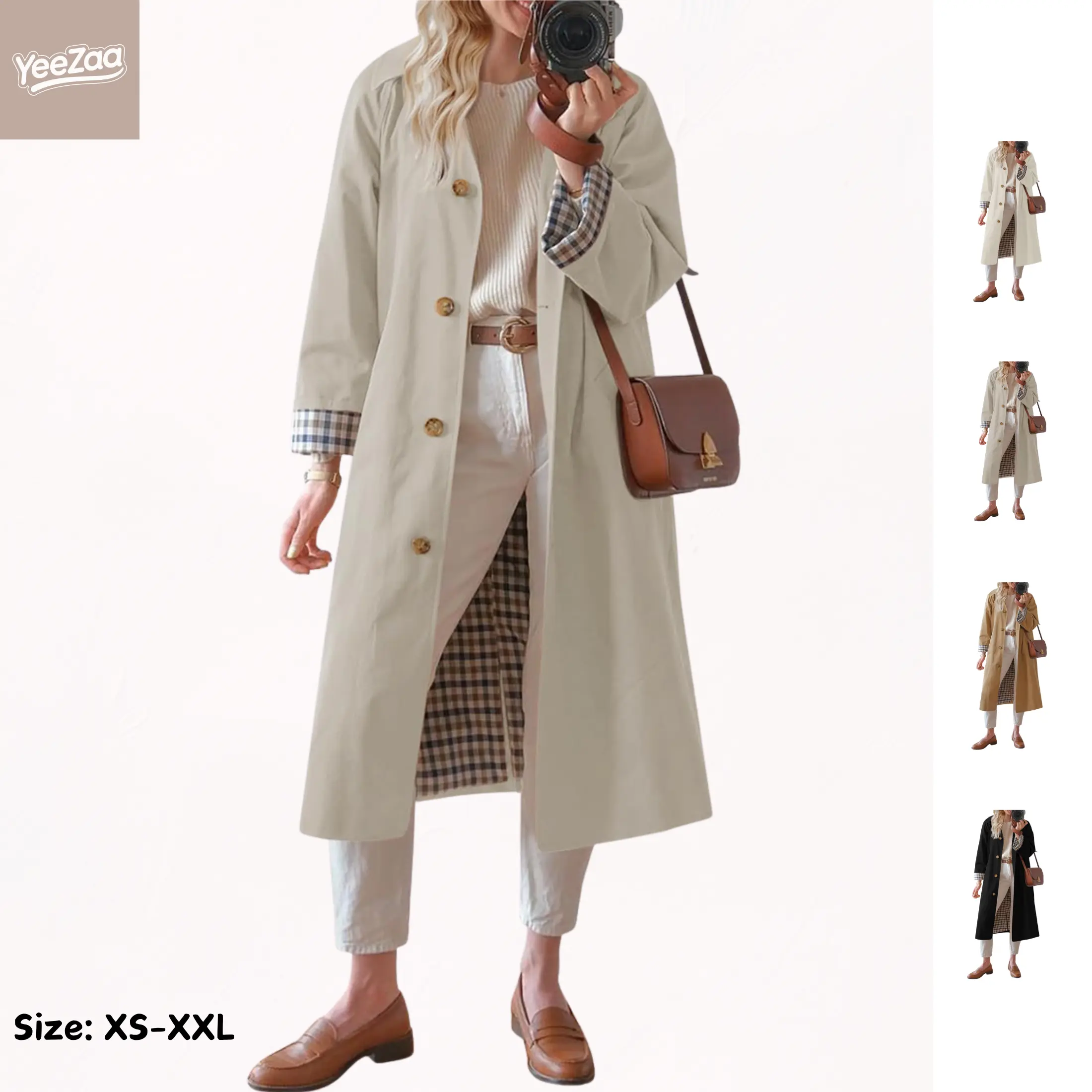 YeeZaa Long Trench Coat for Women Stunning Plaid Lined Womenswear Single Breasted Buttons Loose Fit Windproof Overcoat Autumn Fashion Tops Casual Outerwear