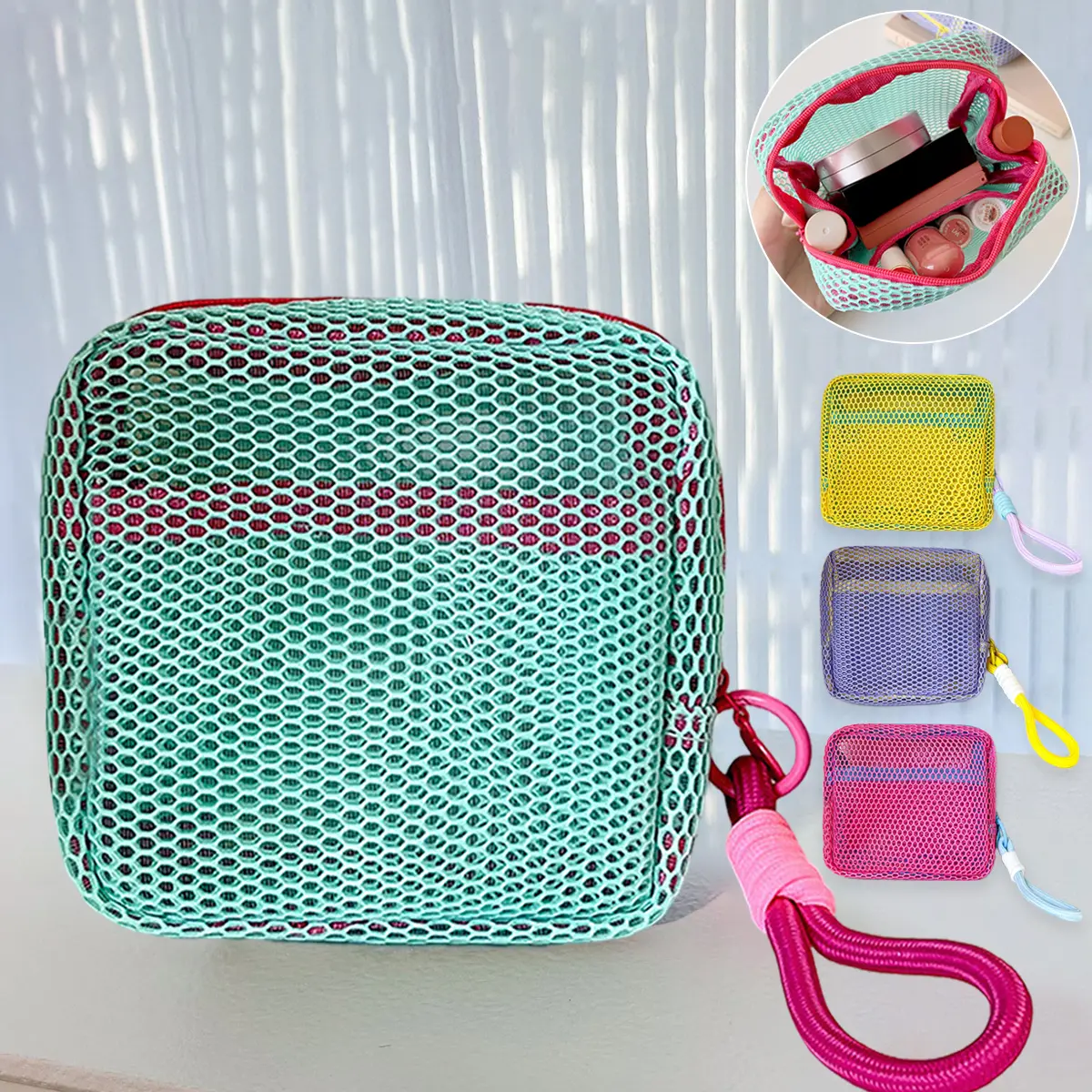 Women's Chic Square Shape Toiletry Pouch - Bright Color Mesh & PVC Fabric, Multi-Compartment, Zipper with Pull, Detachable Strap, Collapsible, Built-In Organizer, Elegant, High-Capacity for Travel & Daily Use