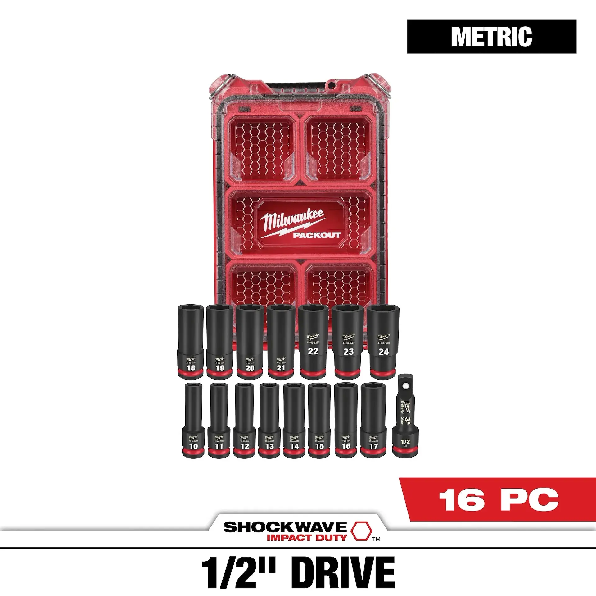 Milwaukee 49-66-6803 16-Pieces SHOCKWAVE Impact Duty Metric Sockets, 1/2” Drive, Dual-Hole Design, Extreme Impact Durability, High Torque Hand Tool Set