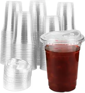 100 Sets 16 Oz Plastic Cups with , Iced Coffee Cups with , Strawless Sip- Design, No Need for Straws, Durable PET Go On Plastic Cups