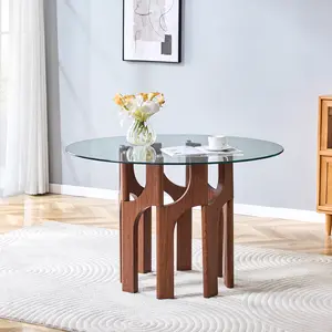 Round Dining Table for 4, Tempered Glass Top & Mid-Century Modern Sculptural Base, Compact Kitchen Table for Small Spaces, Apartments, Dining Room - Walnut