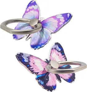 2-Pcs Aesthetic Acrylic Butterfly Phone Ring Stand Holder, Cute Durable 360° Rotating Metal Mount with Adjustable Knob Loop, Grip-Enhanced Transparent Purple Blue Universal Smartphone Accessories