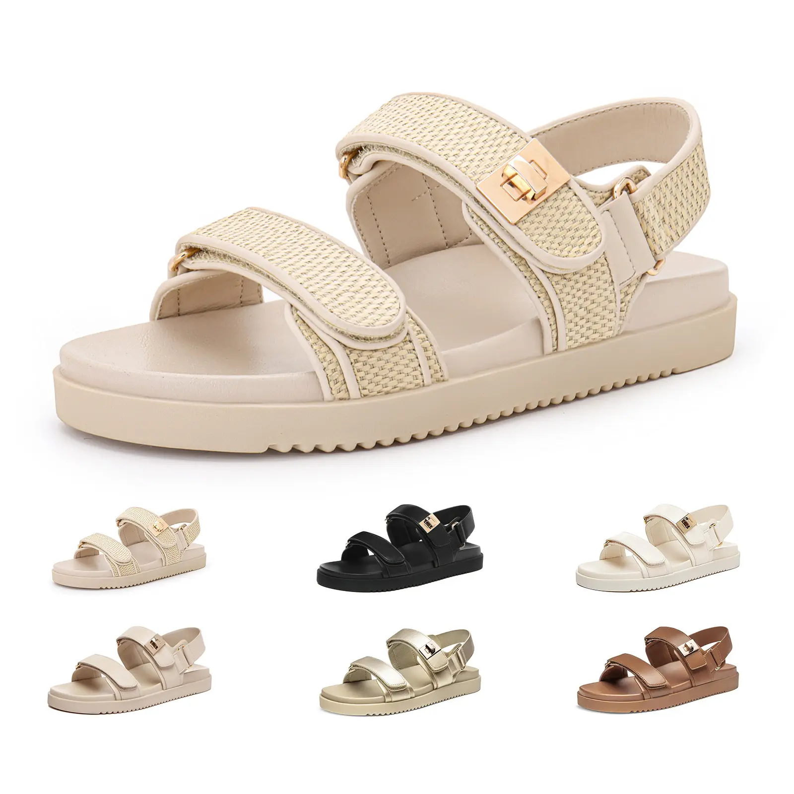 Women's Flat Sandals Comfort Adjustable Double Strap Slip on Leather Footbed Sandals Outdoorfun Footwear Soft Material Gold Tone Hardware Non Slip Outsole - Summervibes,summerwins,summeroutfits,vacationoutfits,beachoutfits
