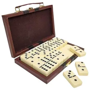 Jumbo Double Six Domino Set - 28 Thick White Tiles - with Wooden Vegan Leather Box Family Fun Game Family Board Game