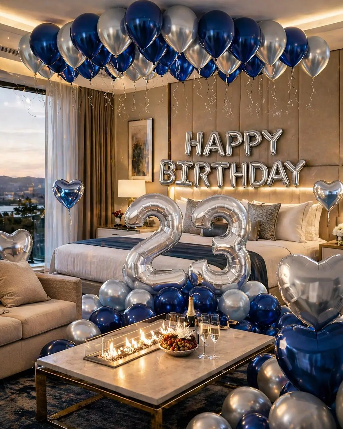 61PCS Silver & Navy Blue Happy Birthday Balloon Set, 16 Inch Foil Letter Balloons, Silver Heart Foil Balloons, Metallic Silver & Matte Navy Blue Latex Balloons for Birthday Party Backdrop Decor