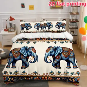 2D Flat 3Pcs Indian Elephant Print Duvet Cover, Ethnic Style Mandala Animal Comforter with 2 Pillowcases, Soft Microfiber Bedding for Bedroom Home Decor