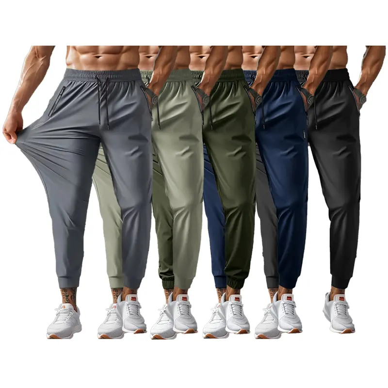 Men’s ice silk athletic long pants, 5 pack — lightweight, breathable fabric with moderate stretch, elastic waistband design, cuffed leg style with pockets; solid color outdoor casual sports pants that are machine washable, comfortable with a close fit, ve