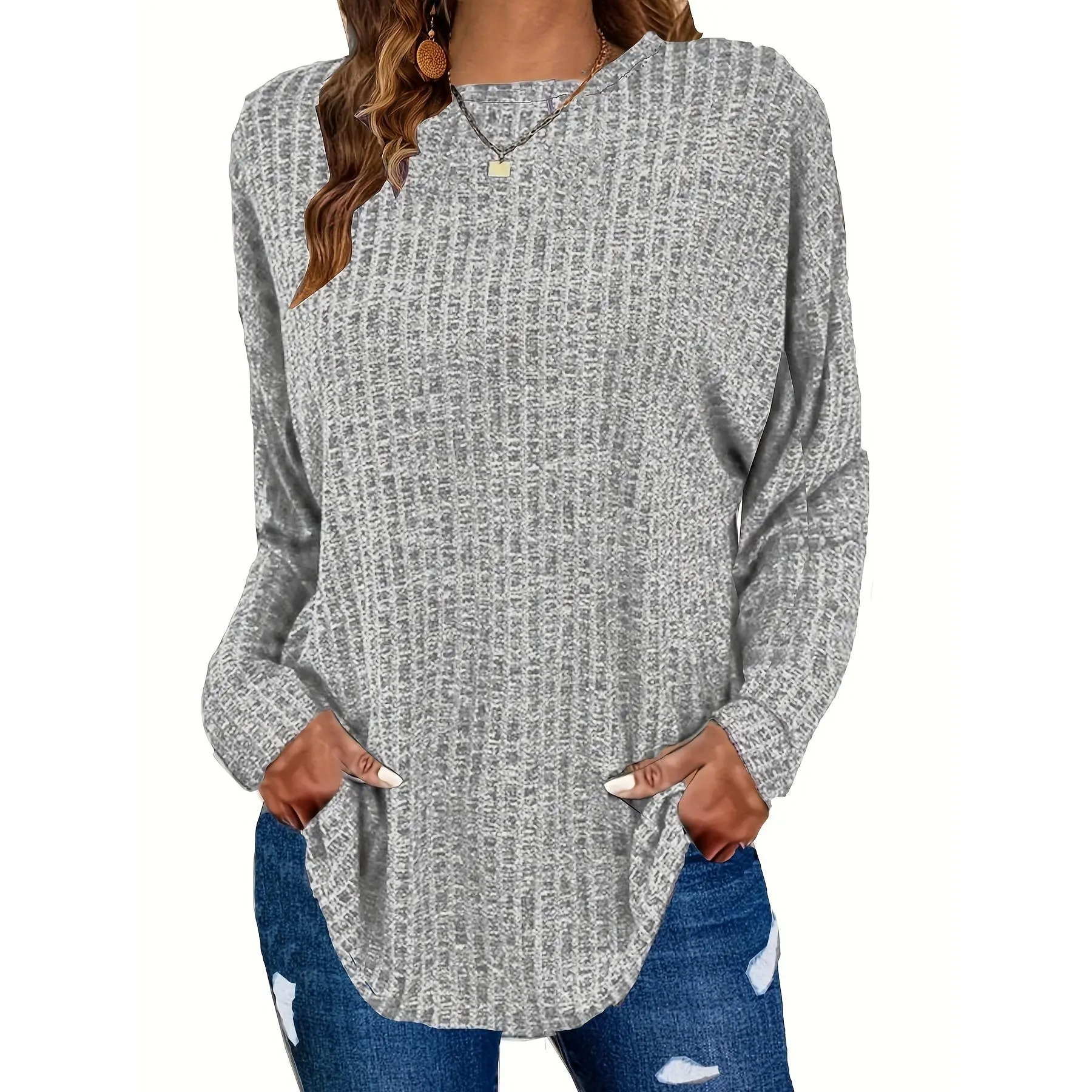 Women's Plus Size Casual Crew Neck Sweater, Oversized Drop Shoulder Pullover, Solid Ribbed Knitwear with Medium Stretch, Longsleeves, Long Sleeve, Loose-Fitting