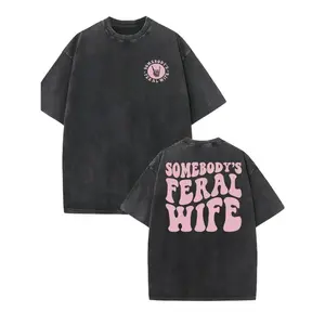 Retro Washed Cotton T-shirt, "Somebody'S Feral Wife" Pattern Print, Casual round Neck, Short Sleeve, Adult Summer Top-100% Cotton Knitted Fabric