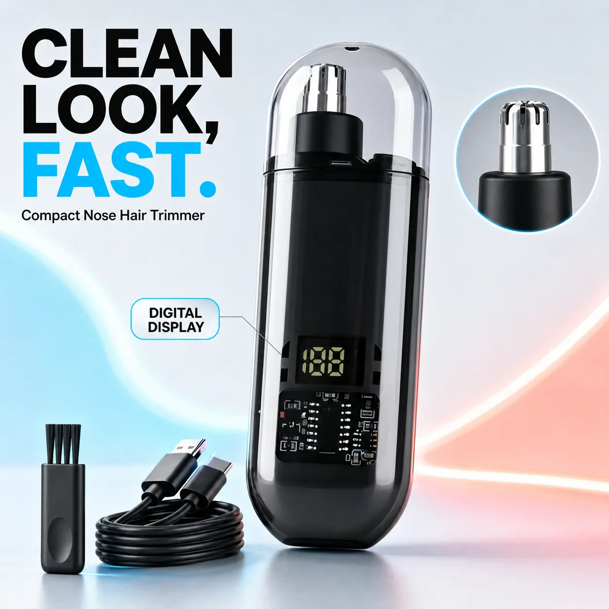 Men's Mini Digital Display Cordless Nose Hair Trimmer - Waterproof Rechargeable Cordless Trimmers, USB-C Fast Charging 90mins Long Lasting, Portable Dual-Edge Blade, for Travel Daily Grooming, Cordless Nose Trimmer