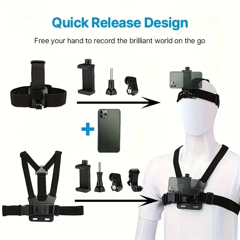Action Camera Strap Set with Phone Clip, Durable Material Fixing Mount for Gopro/Smartphone/Osmo Action, Easy Mounting Universal Compatibility Sports Camera Accessories, Adventure Sports Black