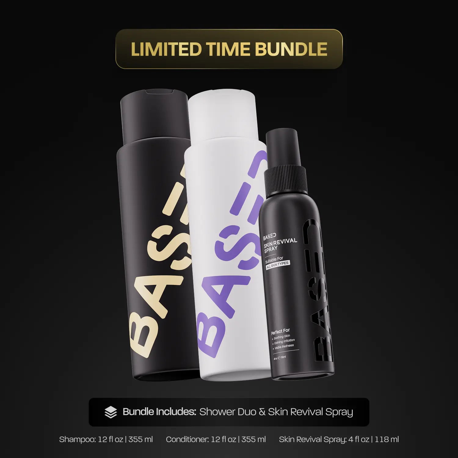 BASED Shower Duo + Skin Revival Spray – Shampoo, Conditioner, Hypochlorous Acid Spray | Gentle Cleanse, Nourishing Moisture | Non-Toxic, Effective