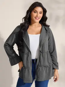 BLOOMCHIC Women's Solid Color Dim Gray Polyester Quilted Puffer Coat - Fitted Tiered Ruffled Edges Outerwear with Zipper Closure, Pockets, Long Sleeves, Casual Solid Color Jackets, 2026 Spring Break Mothersday Gift,summervibes 2026 Summer Vibes Womenswear