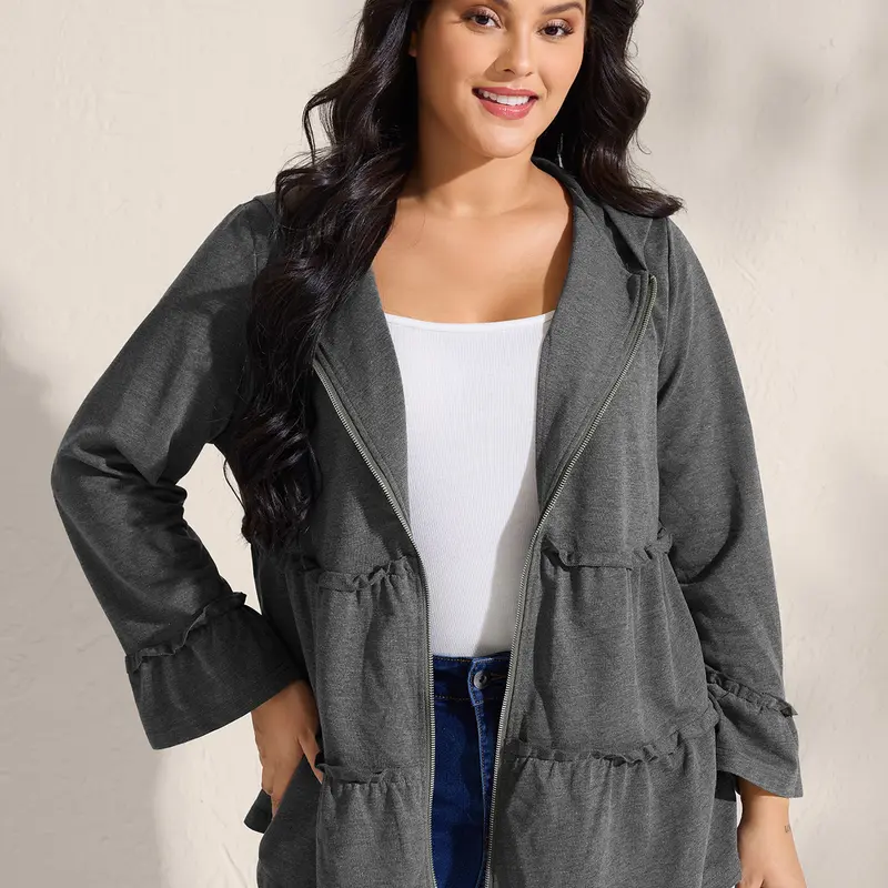 BloomChic Tiered Ruffled Edges Pockets Zipper Hoodie 【M-6XL】