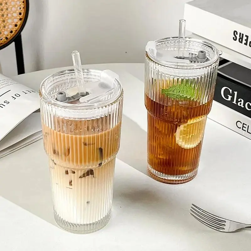 1pcs 600ml Covered Striped Glass Coffee Cup and Straw Transparent Cup, Glass Cups with Lids, Used for Milk Juice Tea Cups, Iced Coffee Cups, and Beverage Glass Cups, Drinkware, Glass Water Cup, Glassware Drinking Glasses