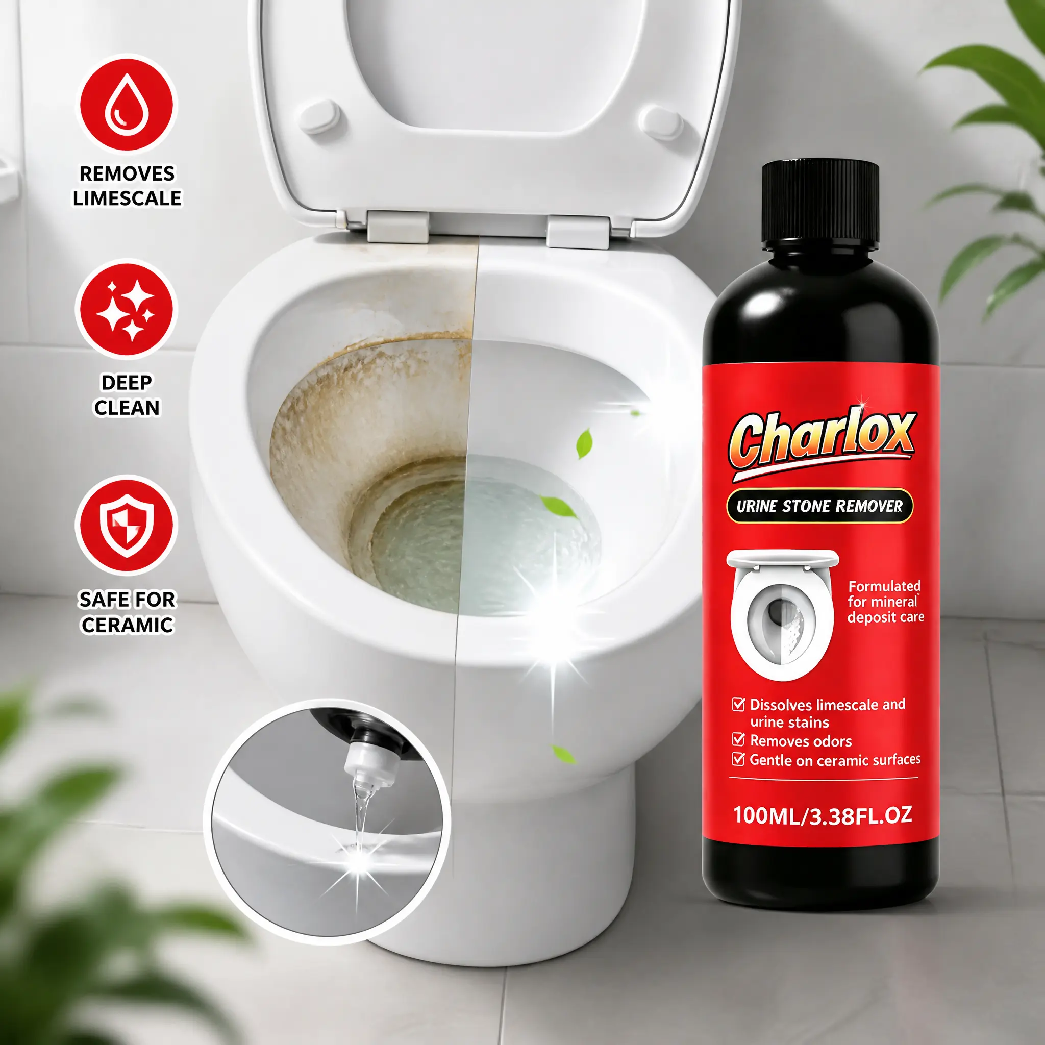 Charlox Concentrated Urine Stone Remover Liquid, Heavy Duty Limescale Hard Water Ring Stain Dissolver, Permanent Toilet Odor Eliminator, Gentle On Ceramic Surfaces for Toilets Urinals Sinks, 100ml