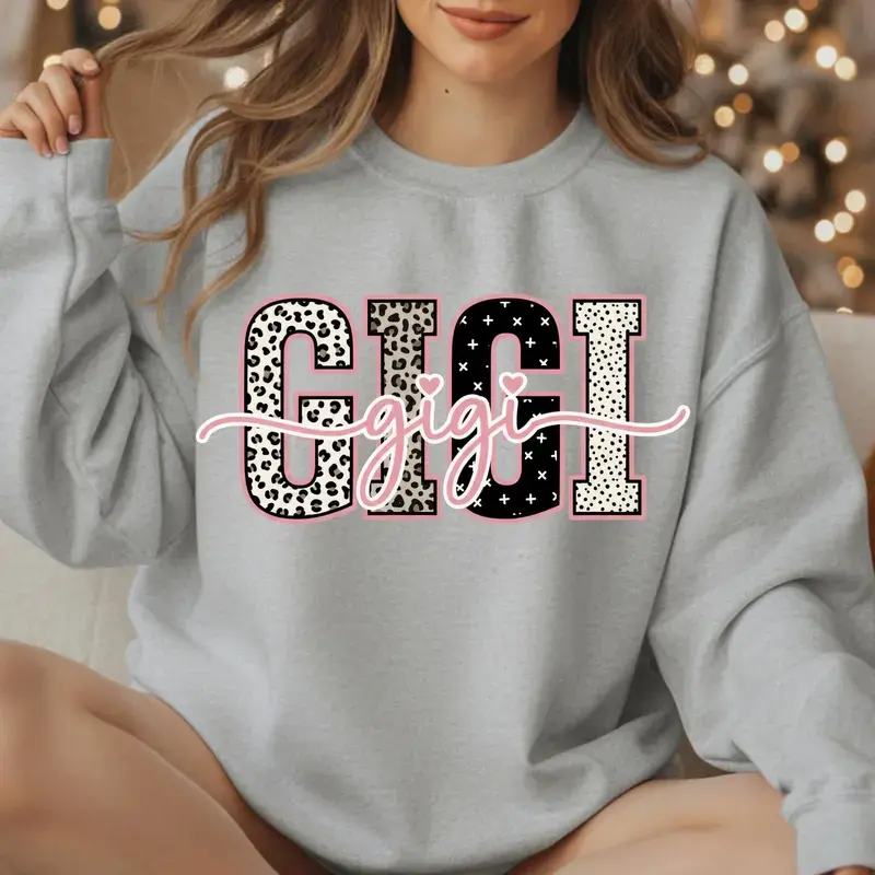 Gigi Sweatshirt Leopard Print Graphic Crewneck Casual Cute Grandmother Gift Vibe - Eli Deal Power