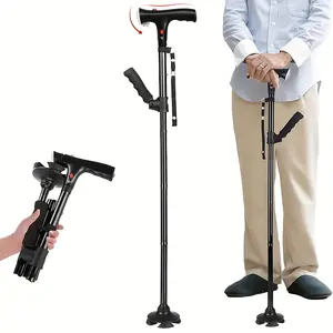 The Smart Cane, Featuring LED Lights And Alarm Systems, Has a Four-Legged Base And a Double Handle Design. It Is Foldable, Adjustable, And Lightweight, Making It an Ideal Mobility Aid for Seniors And Adults