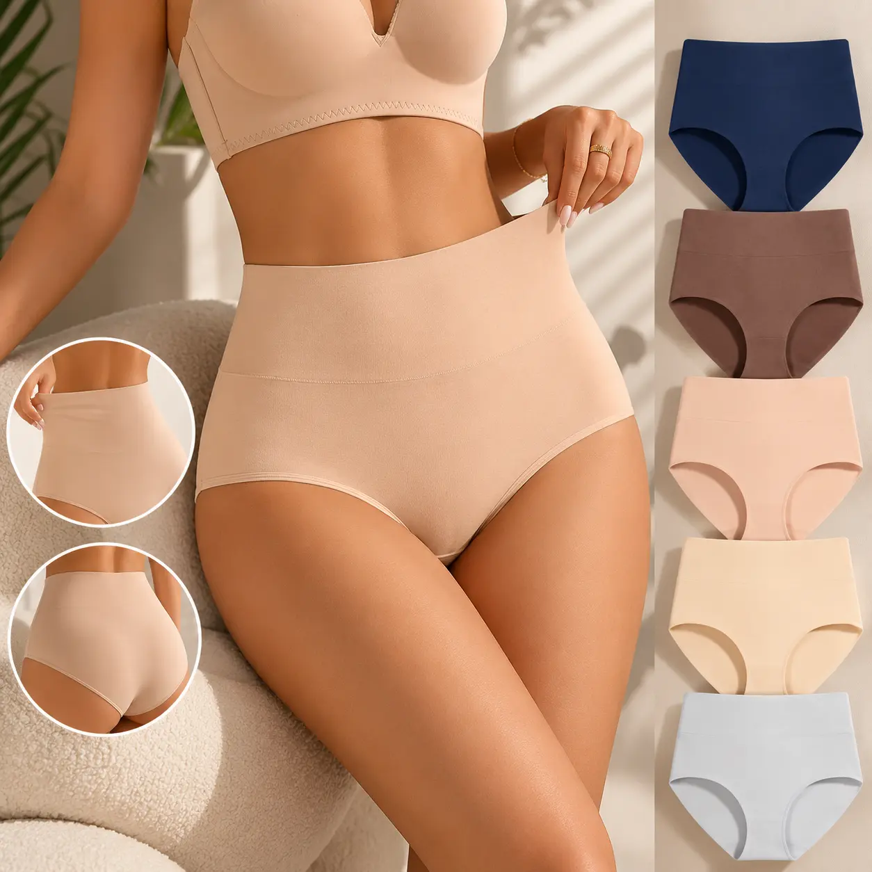 ORLAROY Women's Soft Wide High-Waistband Basic Minimalist Panties, 5-Pack Full Coverage Everyday Underwear with Smoothing Fit, Double-Lined Crotch & Leg-Fitted Design