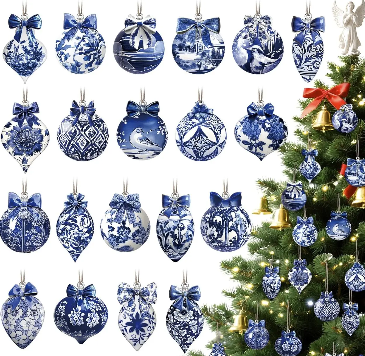 40 Pcs Christmas Chinoiserie Ornaments Blue and White Porcelain Wooden Decoration Christmas Tree Ornaments Chinoiserie Hanging Decor Porcelain Pendants for Small Xmas Tree Decoration (Creative)